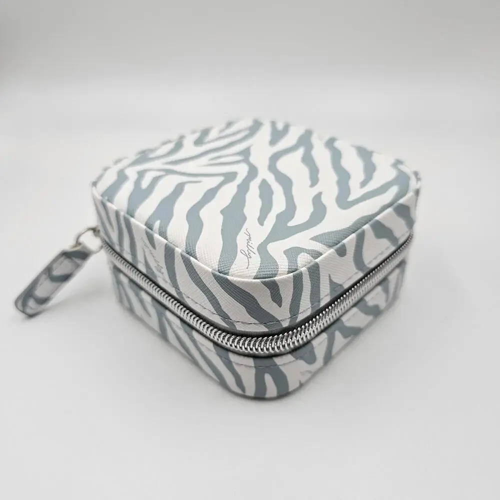 Milly‎ Blue Zebra Print Traveling Jewelry Case Mini Square Zip Organizer Mirror